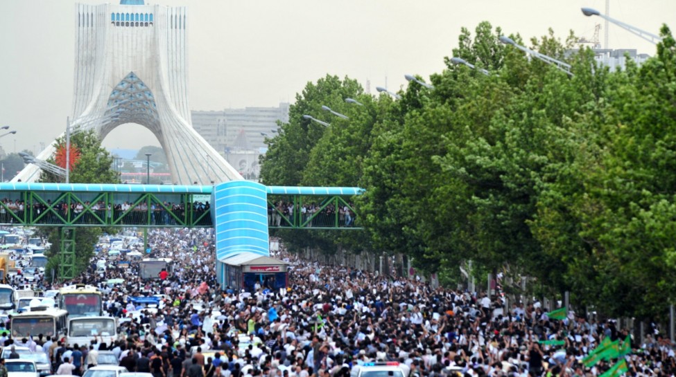 Protesters marching on Tehran’s Azadi Tower during Iran’s Green Revolution, June 15, 2009. Photo: Hamed Saber / Wikimedia