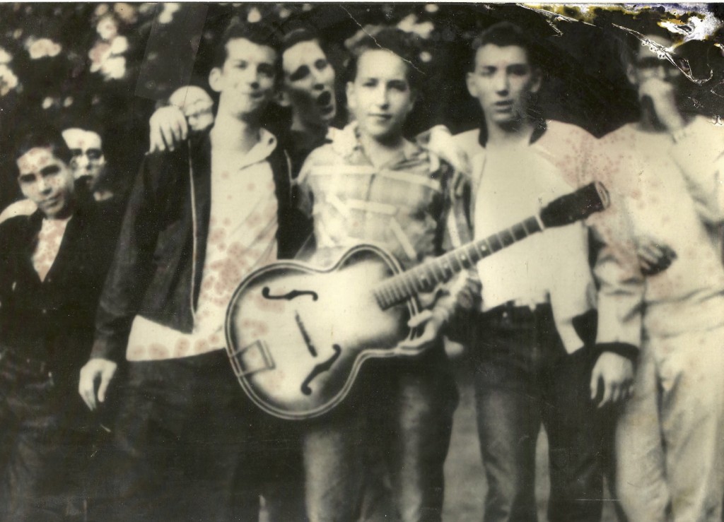 Herzl Camp, 1957. From left to right: Larry Keegan, Jerry Waldman, Robert Zimmerman (AKA Bob Dylan), Louis Kemp, David Unowsky.