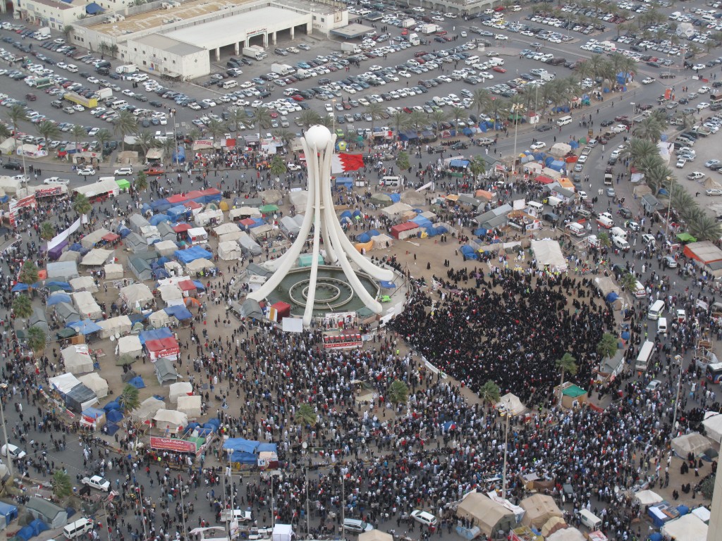 Thousands of protesters gathering in the Pearl Roundabout in Manama, Bahrain, March 14,  2011, the day GCC troops entered the country and two days before the crackdown. Photo: Bahraini Activist / Wikimedia