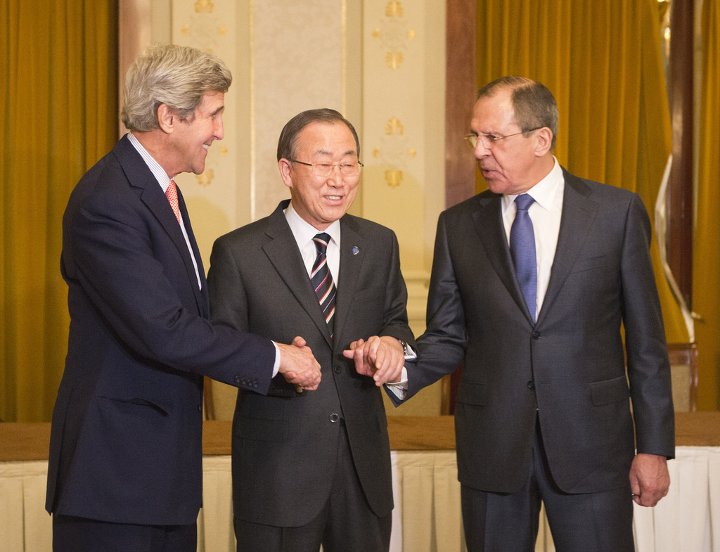 U.S. Secretary of State John Kerry, UN Secretary General Ban Ki-moon, and Russian Foreign Minister Sergei Lavrov congratulate themselves on a job well done at the Geneva II conference, on Syria, January 21, 2014. Photo: Eric Bridiers / flickr