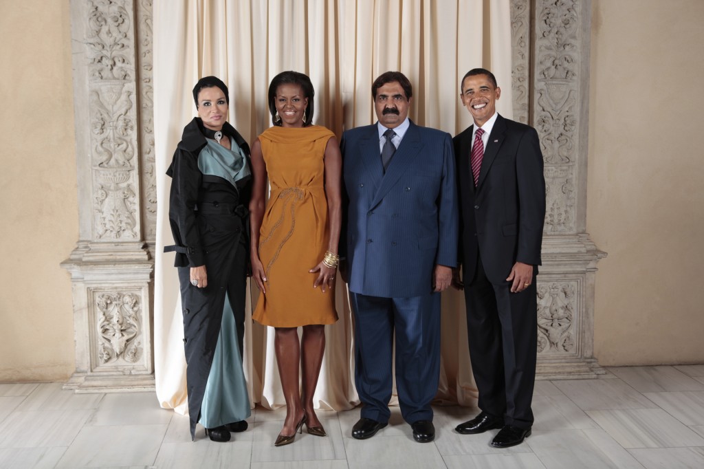 President Barack Obama and First Lady Michelle Obama pose for a photo during a reception at the Metropolitan Museum in New York with His Highness Sheikh Hamad Bin Khalifa Al-Thani, Emir of the State of Qatar, and H.H. Sheikha Mozah Consort of H.H. The Emir of the State of Qatar, Wednesday, Sept. 23, 2009. Photo: Lawrence Jackson / U.S. Department of State / flickr