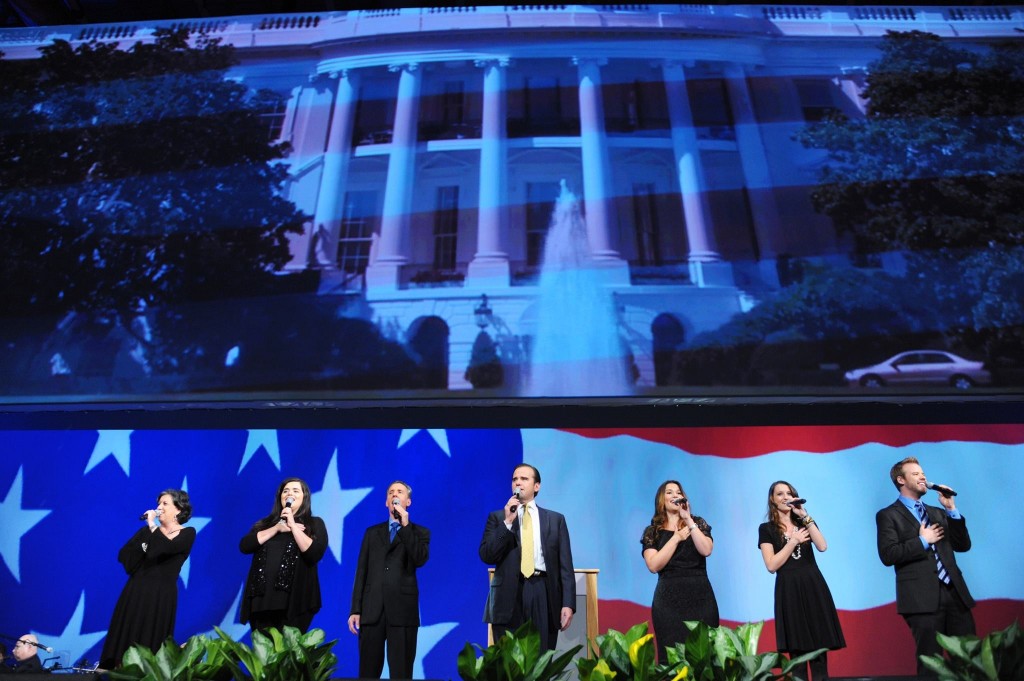 The CUFI Singers leading the national anthems of the United States of America and Israel at Night to Honor Israel event at the 2014 CUFI Washington Summit. Photo: CUFI / Facebook