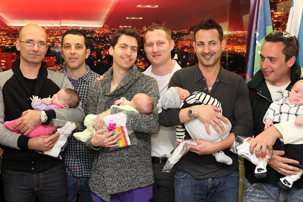 A reception for gay fathers who recently returned from Thailand, where local surrogates gave birth to their babies. Their babies having received Israeli passports after a long struggle. Photo: Gideon Markowicz / Flash90