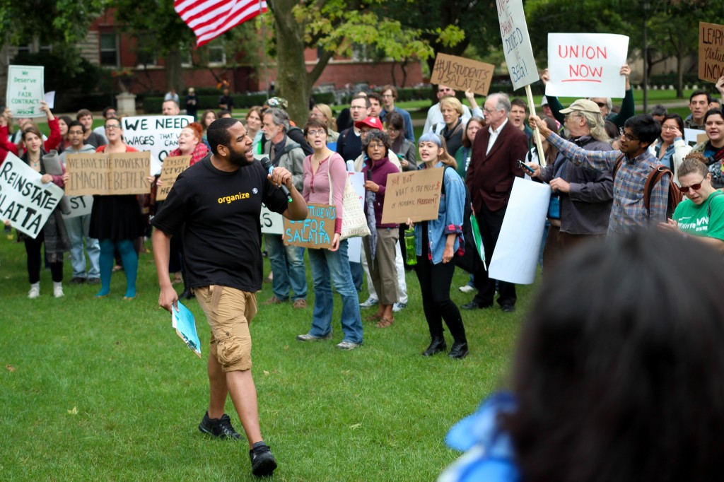 People protesting the revocation of Steven Salaita’s job offer at the University of Illinois, September 9, 2014. Photo: Jeffrey Putney / flickr