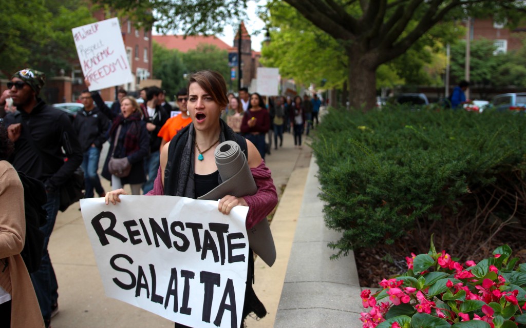 People protesting the revocation of Steven Salaita’s job offer at the University of Illinois, September 9, 2014. Photo: Jeffrey Putney / flickr