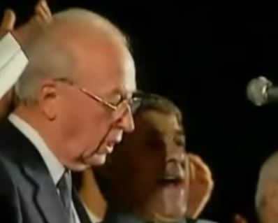 Israeli Prime Minister Yitzhak Rabin singing “Shir Lashalom” (“A Song to Peace”) shortly before his assassination. Photo: Yonathan Shapir / YouTube