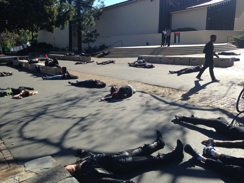 Students from Stanford Out of Occupied Palestine stage a “die-in” on campus. Photo: Johnathan Bowes