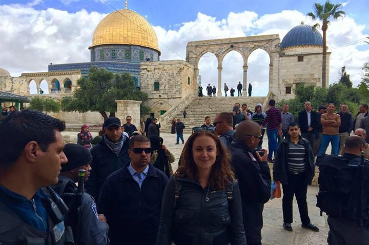 The author on the Temple Mount, surrounded by police officers for her own protection. Photo: Annika Hernroth-Rothstein