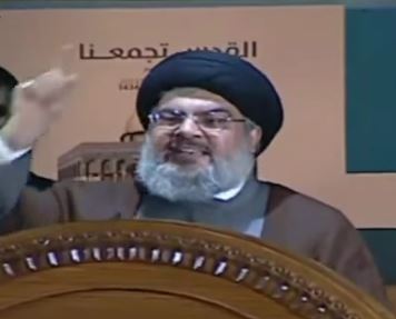 Hezbollah leader Hassan Nasrallah delivers a 2013 speech entitled “Palestine, from River to Sea, Must be Returned to Real Owners.” Photo: TheKeysToEternity / YouTube