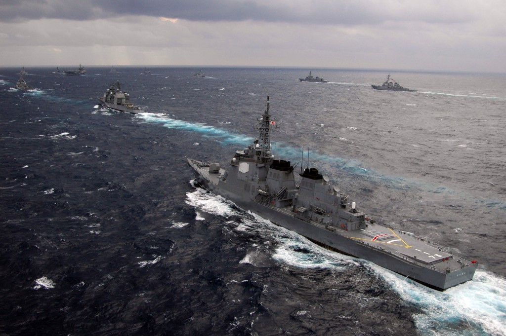 The Japan Maritime Self-Defense Force  destroyer JDS Kongou sails in formation with other JMSDF ships. Photo: Todd Cichonowicz / U.S. Navy / Wikimedia