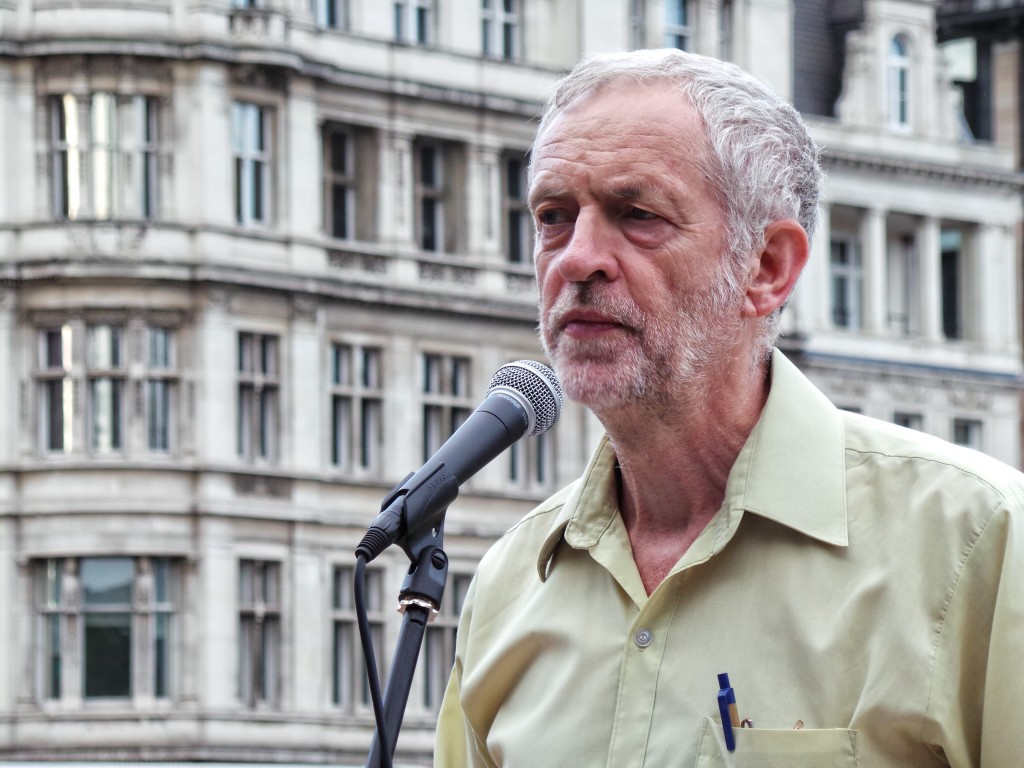 Jeremy Corbyn speaks at the No More War rally in 2014 in Parliament Square on the 100th anniversary of Britain joining World War I. Photo: Garry Knight / Wikimedia