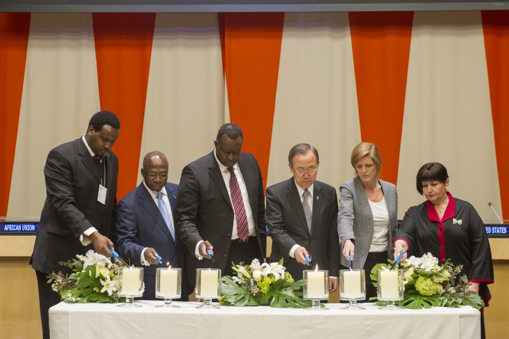 U.S. Ambassador to the UN Samantha Power (second from right) and UN Secretary-General Ban Ki-Moon (third from right) participate in an event commemorating the twentieth anniversary of the Rwandan Genocide. Photo: Eskinder Debebe / United Nations