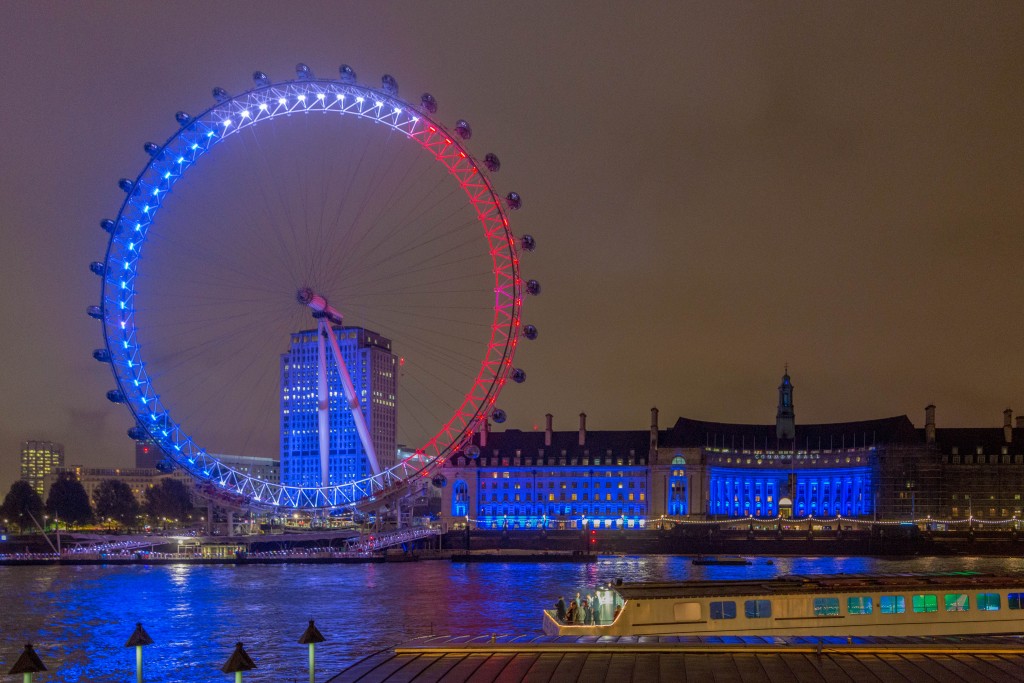 The London Eye is lit in the colors of the French flag following the Paris terror attacks. Photo: Jack Gordon / WIkimedia
