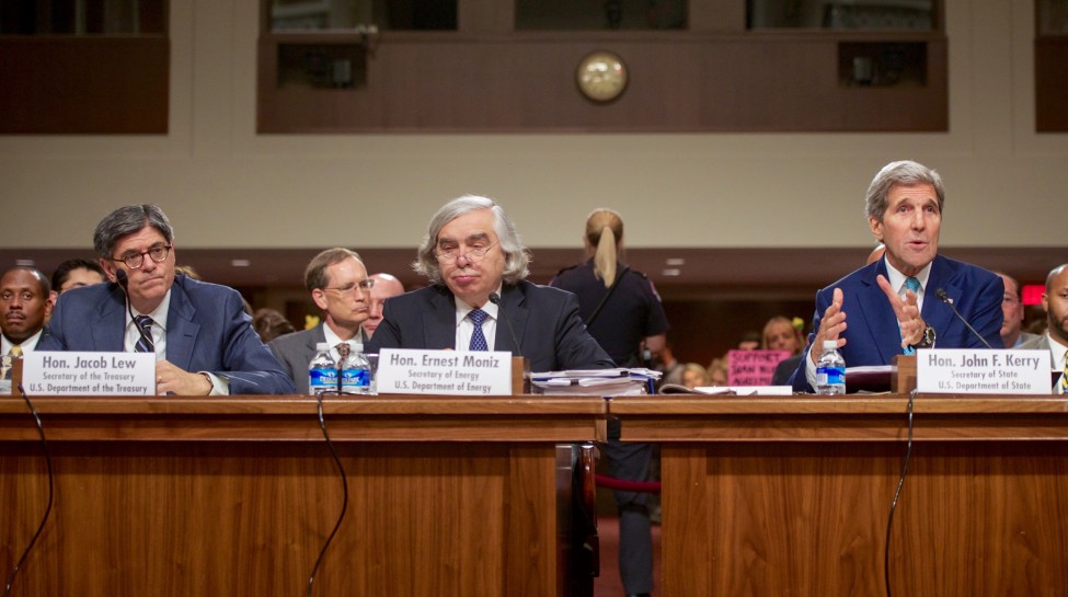 From left: Treasury Secretary Jack Lew, Energy Secretary Ernest Moniz, and Secretary of State John Kerry defend the nuclear deal before the Senate Foreign Relations Committee. Photo: U.S. Department of State / Wikimedia