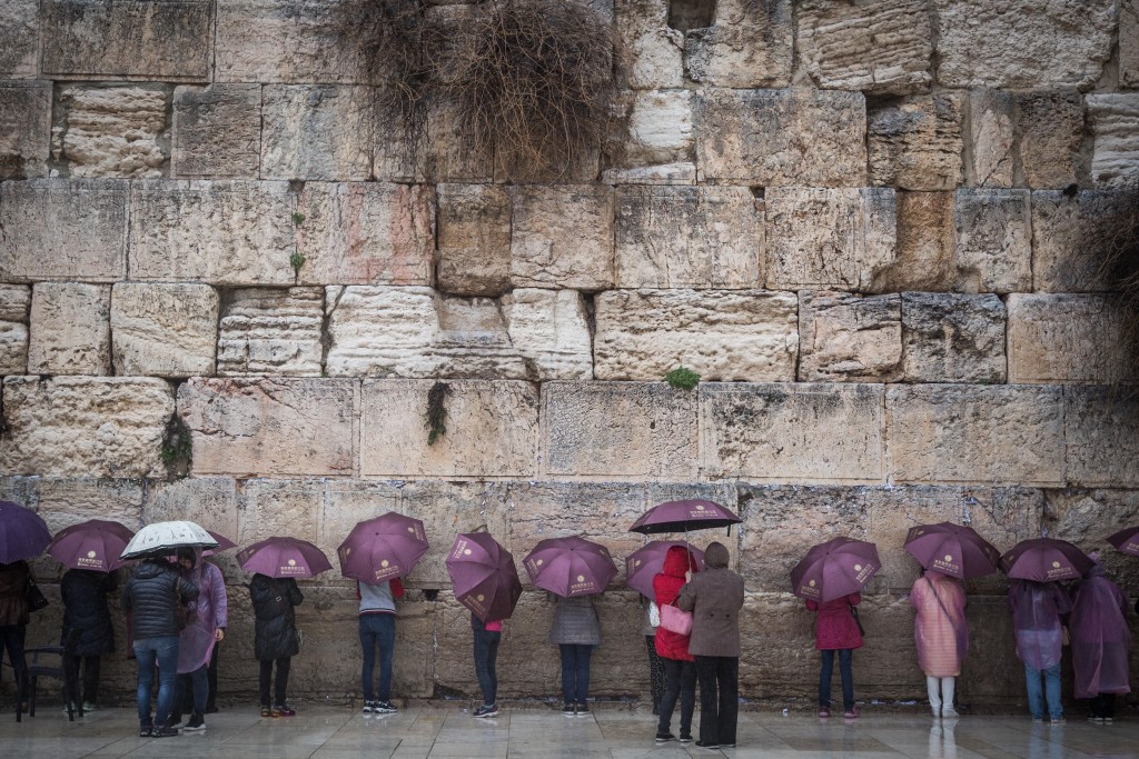 A group of tourists take cover under matching umbrellas on a rainy day as they visit the Western Wall, February 7, 2016. Photo Hadas Parush / Flash90