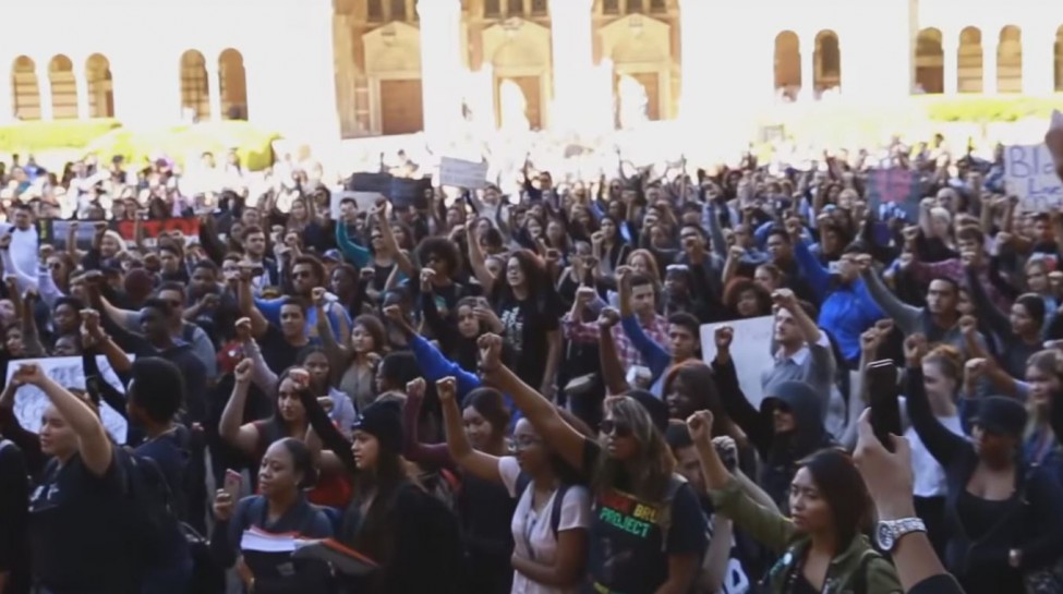 UCLA students gathered to stand in solidarity with black students on the University of Missouri campus. UCLA faculty and the Afrikan Student Union led the rally in support of the protests occurring on other campuses and to bring awareness to issues impacting UCLA's black community. Photo: UCLA Daily Bruin / YouTube