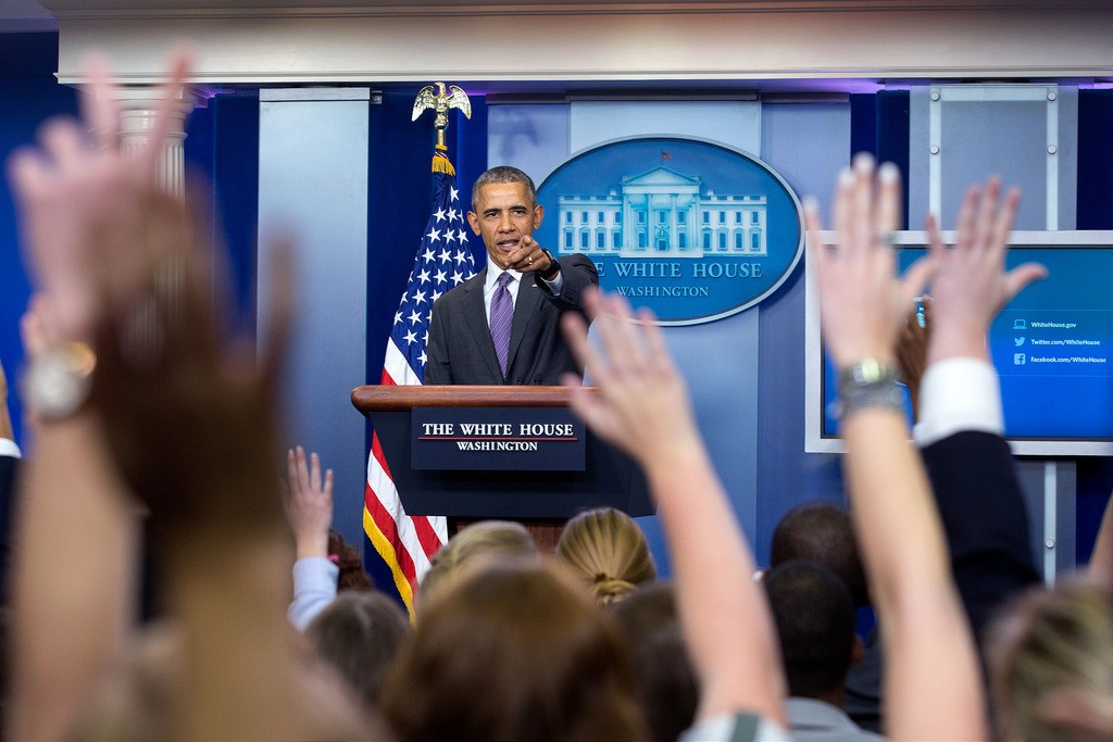 President Barack Obama takes questions from student reporters during College Reporter Day in the James S. Brady Press Briefing Room of the White House, April 28, 2016. Photo: Amanda Lucidon / White House
