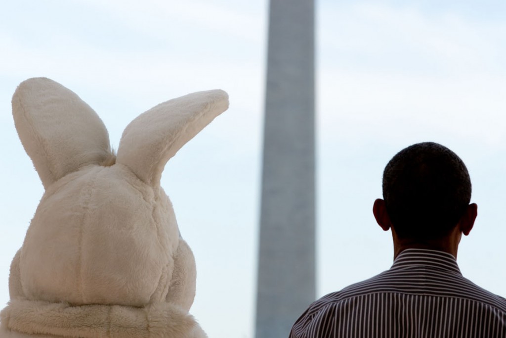 President Barack Obama and the Easter Bunny listen to the national anthem before the annual White House Easter Egg Roll, April 21, 2014. Photo: Pete Souza / White House