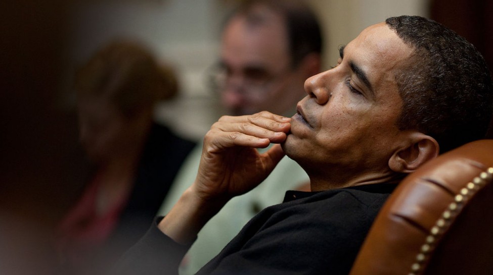 President Obama reflects during an economic meeting with advisors in the Roosevelt Room, March 15, 2009. Photo: Pete Souza / White House