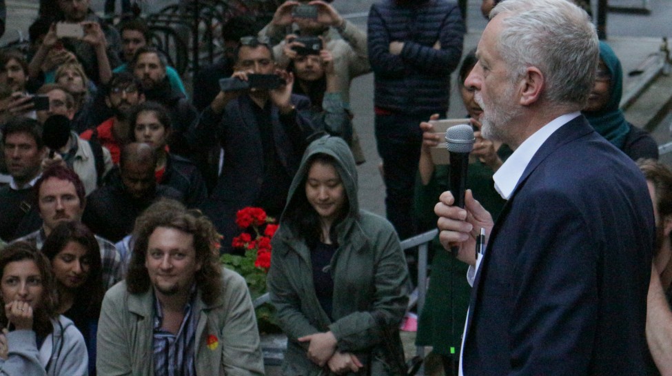 Jeremy Corbyn speaks to members of the advocacy group Momentum, June 29, 2016. Photo: Steve Eason / flickr. Used under Creative Commons 2.0 License