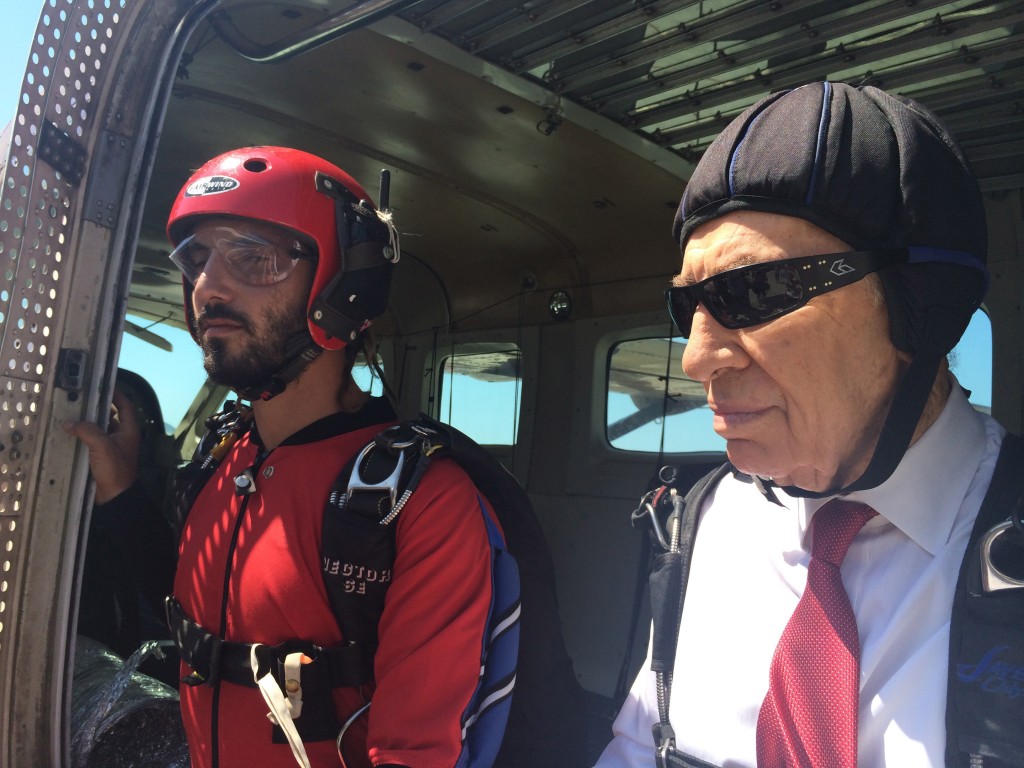 Shimon Peres goes skydiving in a 2014 video after he retired from public office. Photo: Peres Spokesperson / Flash90