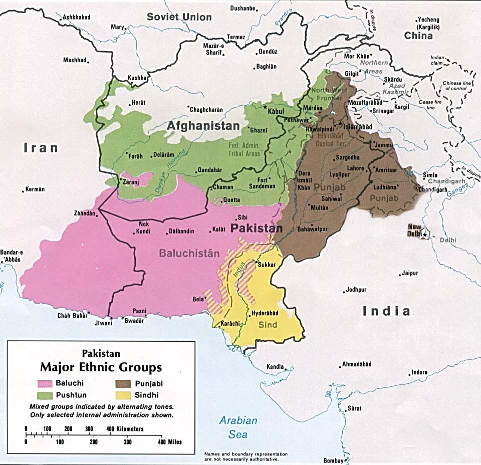 A 1980 map of Pakistani ethnic groups. Baloch population areas are in pink. Photo: Central Intelligence Agency