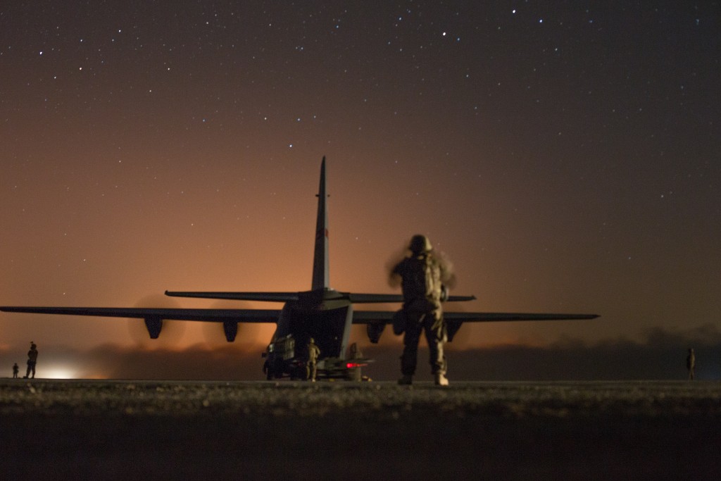 A U.S. Air Force C-130J Super Hercules waits to unload logistical supplies in support of the fight for Mosul at Qayyarah West airfield, Iraq, October 22, 2016. Photo: Spc. Christopher Brecht / U.S. Army